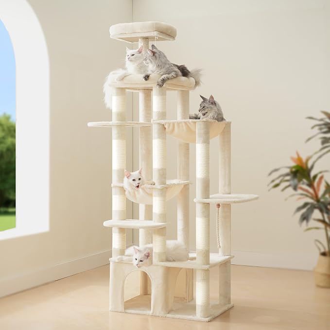 Heybly Cat Tree, 71-Inch Tall Cat Tower for Large Maine Coon Cats HCT03MG | Cat Condo Furniture with Extra-Large Baseboard, Multi-Level Platforms, 2 Hammocks and 12 Scratching Posts, Beige - Image 9