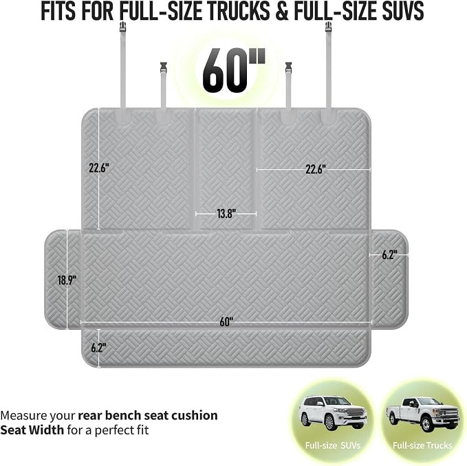 Dog Car Seat Cover for Back Seat, Waterproof 600D Oxford Protector | Non Slip Scratch Resistant Bench Cover, Easy to Clean, Fits Full-Size Trucks/SUVs, 60 Inch -Grey, for Travel and Daily Use - Image 2