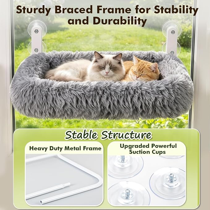 Zoratoo Foldable Cat Window Perch, Widened Cushion Cat Bed for Large Cats | L-Grey, Extra-Thick and Fluffy Bolster, Large Lying Space, Machine Washable, Cat Window Hammock with Sturdy Metal Frame - Image 7