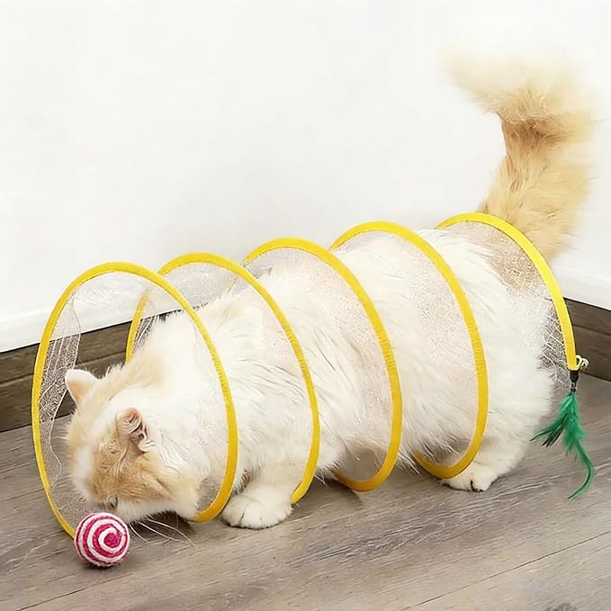 Andiker Spiral Tunnel for Cats, 21.45” Collapsible Cat Tunnel with Feather Toy and Plush Mouse Interactive Cat Toys for Indoor Cats to Relieve Boredom for Kitten (Ball) - Image 5