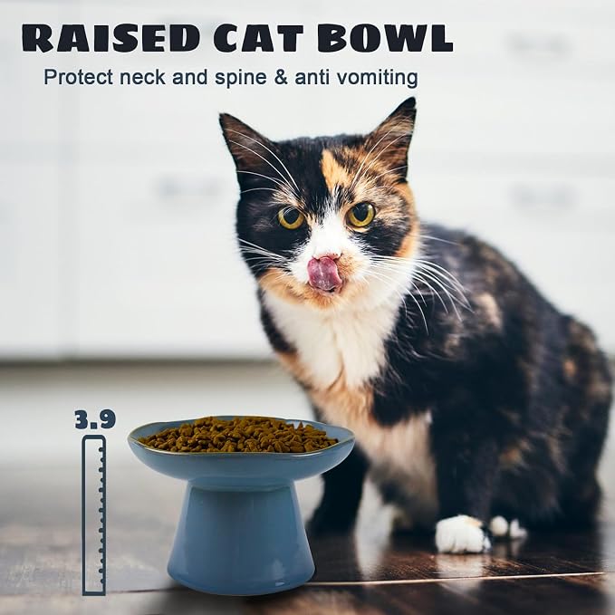 Extra Wide 6.1" Ceramic Raised Cat Food Bowl, Shallow Elevated Pet Feeder for Food Feeding, Anti Vomiting Whisker Fatigue Bowls for Cat Puppy, Blue - Image 5