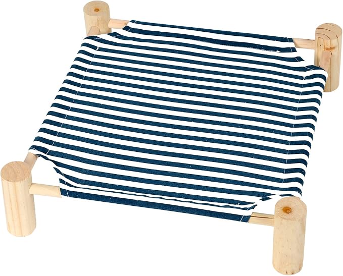 Patas Lague Cat Hammock Bed Small Eleveted Dog Bed 19x19 in Blue Stripe | Brethable Wooden Pet Bed, Cooling Rabbit Cot, Outdoor Cat Furniture For Summer by PatasLague