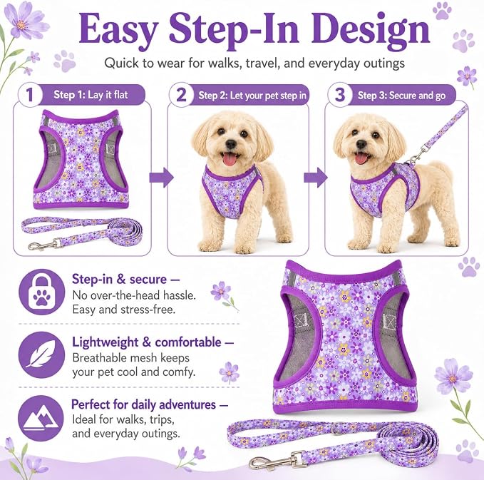 Step in Dog Harness Leash Set- All Weather Reflective No-Pull Floral Pattern Padded Mesh Vest Harness for Cats Puppy Extra-Small Small Medium Large Dogs - Purple Flower - L - Image 3