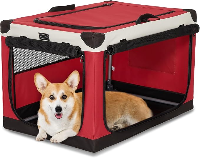 PETSFIT 30" Soft Portable Dog Crate – Patented Spiral Sturdy Frame, Collapsible Travel Kennel for Medium Dogs, 3 Mesh Door, Lockable Zippers, Indoor & Car Use Red by Petsfit