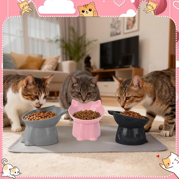 3 Pcs Elevated Cat Bowls 15°Raised Cat Food Bowl with Silicone Mat Grey | with Silicone Mat Whisker Friendly Anti Vomiting Cats Dishes Pet Food and Water Bowls for Indoor Cats Kittens - Image 7