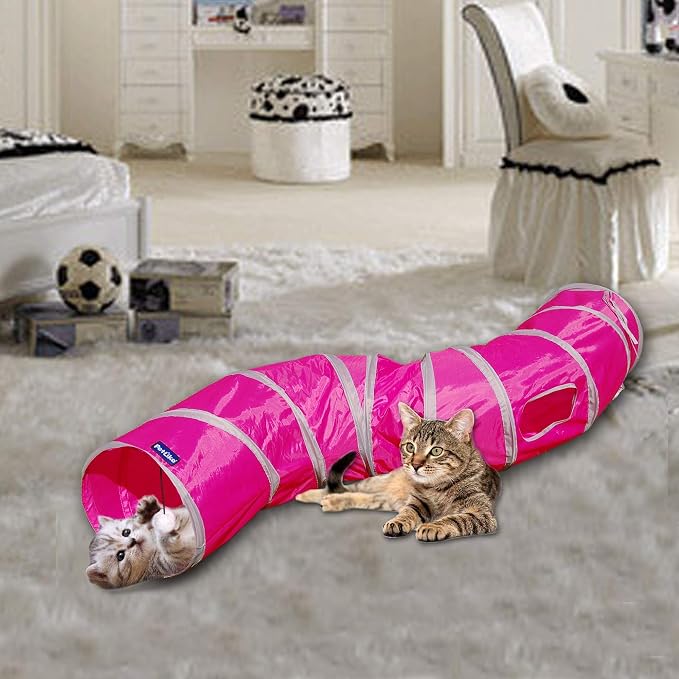 PetLike S Way Cat Tunnel Collapsible Pop-up Pet Tube Hideaway Play Toy with Ball (S-Way, Rose Red) - Image 2
