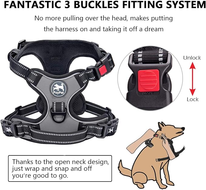 PoyPet No Pull Dog Harness Large with Front Clip & Neck Release Buckle | No Choke, Adjustable Vest, Reflective, Back Clip, Lockable, Soft Padded, Easy Control Handle for Walking Training, XL, Grey - Image 2