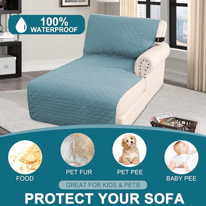 Turquoize 100% Waterproof Sofa Covers Chaise Lounge L Shape Sofa Protector Slip Cover Triple Non-Slip Sofa Slipcover for Chaise Sectional Couch Cover for Pets, Kids (Chaise, Stone Blue) - Image 2