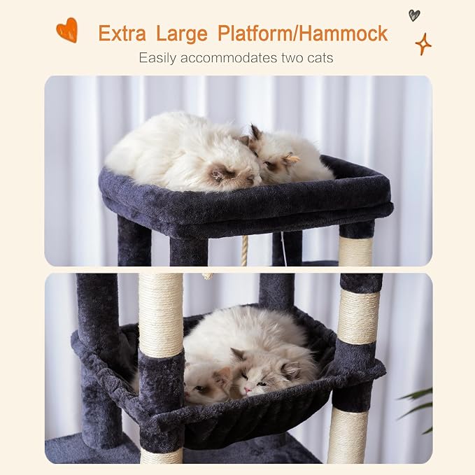 Heybly Cat Tree for Large Cats, 20lbs Heavy Duty, 60 inches HCT050G | Cat Tower for Indoor Cats with Big Padded Plush Perch, Multi-Level Furniture Condo with Cozy Basket, Smoky Gray - Image 7