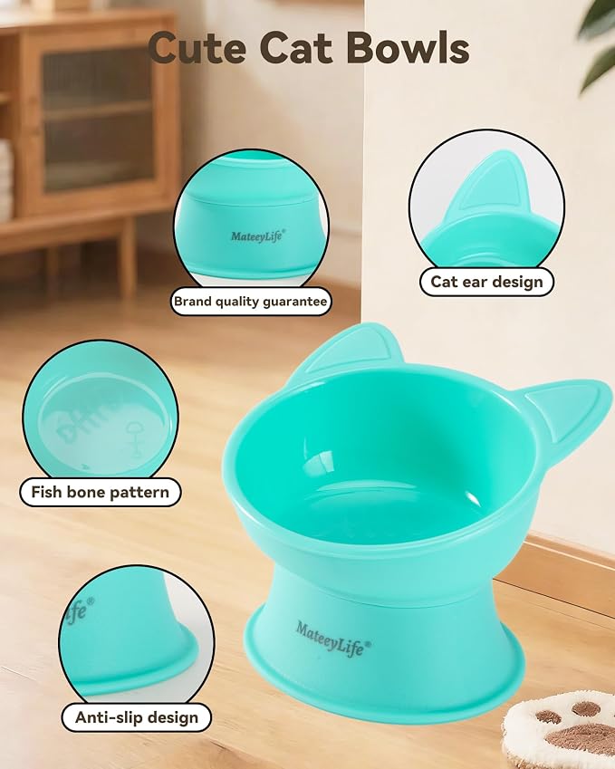 MateeyLife Raised Cat Bowls, Cat Food Bowl Elevated for Kittens & Small Dogs, 15°Tilted Protect Pets' Neck and Anti Vomiting, Whisker Friendly Food & Water Feeding Bowl, 6 oz Each - Green - Image 4