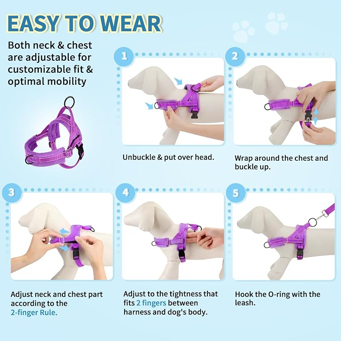 Lukovee Small Dog Harness and Leash Set, No Pull Soft Padded Vest | Both Neck & Chest Adjustable, Reflective, Puppy Harness with 4ft Lightweight Anti-Twist Dog Leash for Small Dogs (Purple, XS) - Image 9