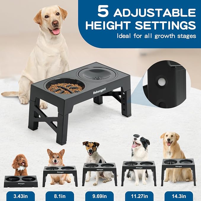 3-in-1 Elevated Slow Feeder Dog Bowls for Food and Water, 5 Heights Adjustable Raised Dog Bowls, Non-Slip, No Spill, for Small Medium Large Dogs and Cats(Grey) - Image 2