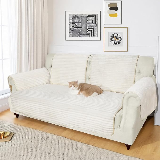 NAISI Couch Covers for Dogs Waterproof Flannel Striped Sofa Cover Pet Friendly Washable Dog Mat for Couch Anti Slip Sectional Sofa Slipcover Protector(1pc/35"x 70",Cream) - Image 4