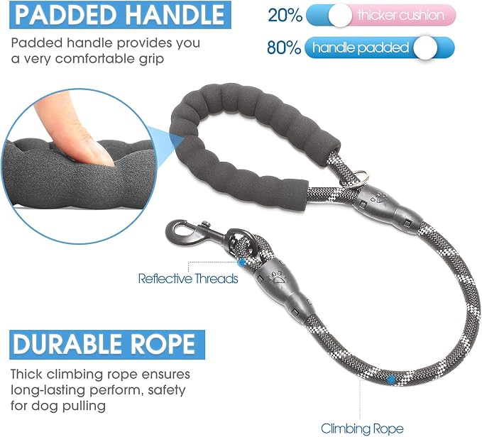 2/4/5/6 FT Dog Leash with Comfortable Padded Handle and Highly Reflective Threads for Small Medium and Large Dogs (2FT-1/2'', Black) - Image 2