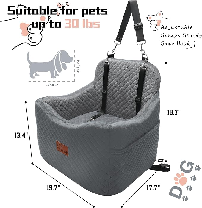 Dog Booster Car Seat for Dogs under 35lbs,Elevated Pets Seat with Safety Strap,Ultra Soft Fabric and Memory Foam Car Dog Bed,Safety,Comfy,Non-Slip&Washable Carseat Cushion for Travel,Cars,SUV.(H-Grey) - Image 2