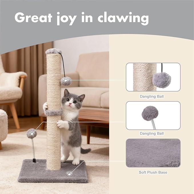 MECOOL Cat Scratching Post Premium Basics Kitten Scratcher Sisal Scratch Posts with Hanging Ball 22" for Kittens or Smaller Cats (22 inches for Kitten, Gray) - Image 2