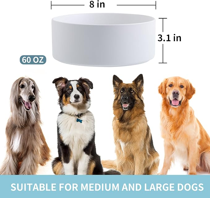 White Raised/Elevated Ceramic Dog Bowl for Medium Large Sized Breeds,Large Dog Food Water Bowl with Stand,8 in Non Slip Heavy Weighted 1800ml/ 7.6 Cups/60 OZ - Image 2