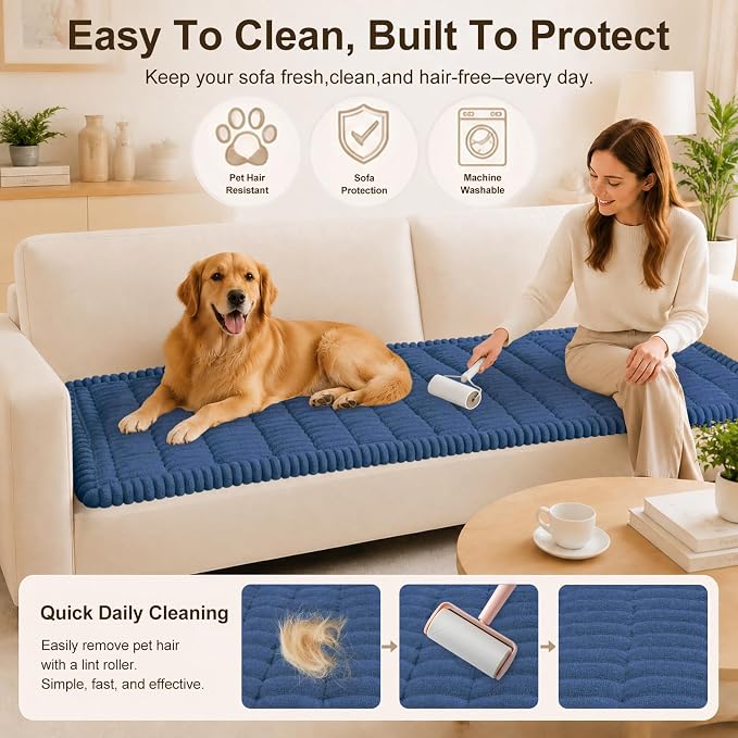 decorUhome Couch Cover for Dogs, Non Slip Fuzzy Thick Pet Sofa Protector | Pet Friendly, Machine Washable, Fits 3-Cushion Sofa, Protects Against Pet Hair & Daily Messes, Navy Blue, 27.6" x 70.9" - Image 4