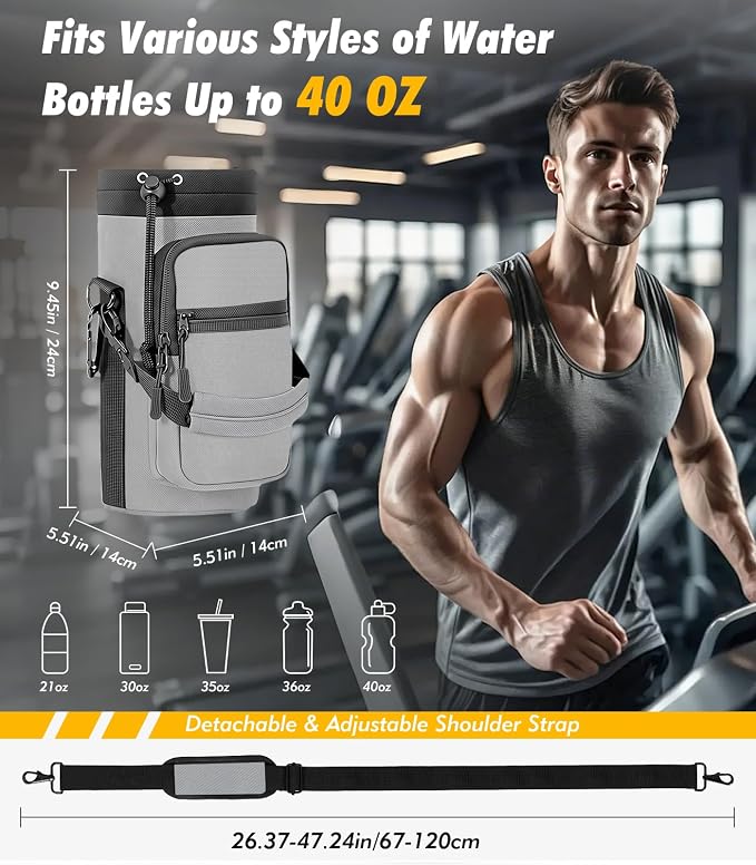 Nuovoware Magnetic Gym Bag, 40oz, Water Bottle Carrier Holder, Gray | Adjustable Shoulder Strap, Magnets Magnetic Gym Bag, Bottle Pouch Sling, 2 Pocket, Neoprene Organizer Sleeve - Image 4
