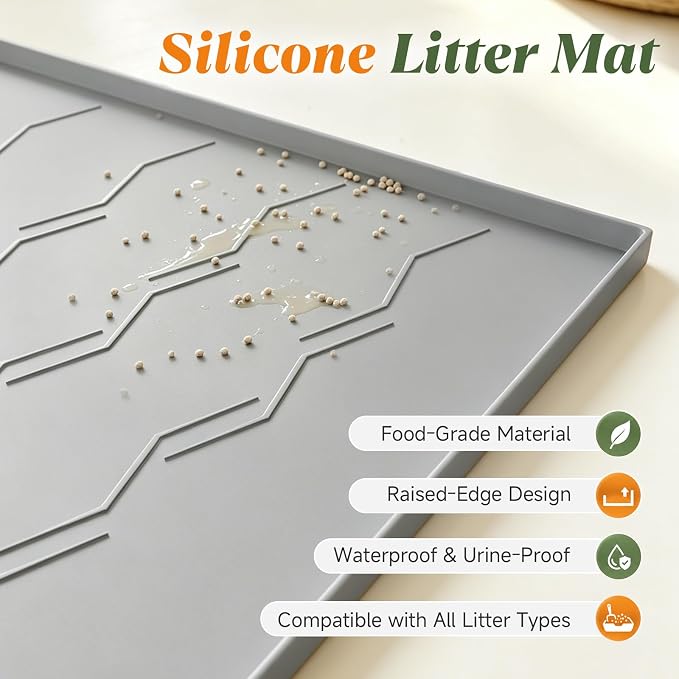 Songrey Silicone Cat Litter Mat 34" x 22", Large Litter Trapping Mat, Gray | Waterproof, Urine-Proof Litter Box Mat for Floor, Soft on Kitty Paws, Easy To Clean, Cat Supplies, Pet Feeding Mat - Image 2