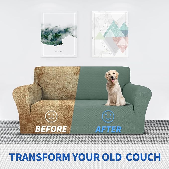 MAXIJIN Loveseat Cover Sofa Covers (55"-69"), 1-Piece Stretch Couch Covers for 2 Cushion Couch Love Seat Slipcover with Elastic Bottom for Kids,Dog (Loveseat, Diamond Pattern Pea Green) - Image 5