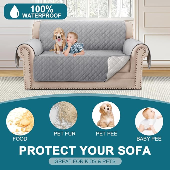 Turquoize 100% Waterproof Couch Cover Sofa Covers for 2 Cushion Couch Loveseat Covers Triple Non-Slip Couch Cover for Dogs Washable Furniture Protector Cover for Pets, Kids(Loveseat 54",Dove Gray) - Image 2