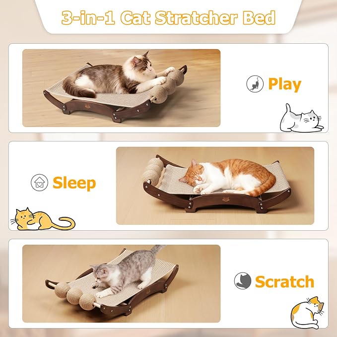 3 in 1 Sisal Cat Scratcher Bed, Solid Pine Cat Scratcher with Balls, Walnut | Extra Large Cat Scratching Post with Hammock, Cat Scratcher for Scratch & Play & Rest, Cat Furniture for Indoor Cats, Kitten - Image 4
