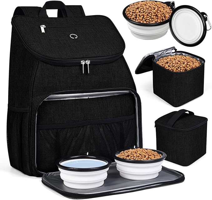BAGLHER丨Dog Travel Bag, Airline Approved Pet Supplies Backpack, Dog Travel Backpack Accessories Set with 2 Silicone Collapsible Bowls and 2 Food Baskets. Black by BAGLHER