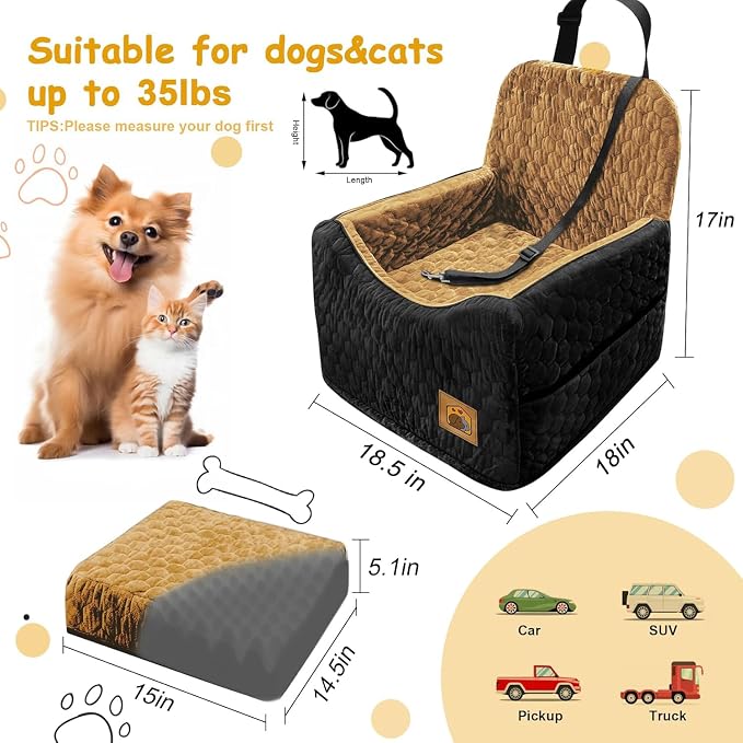 Dog Car Seat for Small/Medium Dogs, Memory Foam Dog Booster Seat, Travel Safety Per Car Seat with Washable Removable Cover, Storage Pockets for Dogs up to 35 lbs(BlackBrown) - Image 5