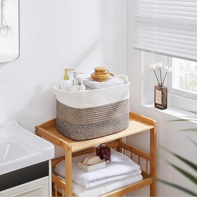 OIAHOMY Storage Basket, Woven Baskets for Storage, Cotton Rope Basket for toys,Towel Baskets for Bathroom - Pack of 3, Gradient Dark Brown - Image 7