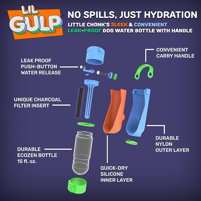 Lil Gulp Dog Water Bottle 15 Fl oz Portable Travel Bottle (Power Punch) | Advanced Carbon Filtration for Safe Filtered Water on the Go, BPA-Free, Leak-Proof, Retractable Spout, Walks, Hiking, Camping - Image 3