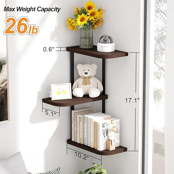 Love-KANKEI Corner Wall Shelf 3 Tier,Solid Wood with Bracket,17"Tall,Walnut | Floating Wall Shelves,Easy to Install,Capacity 26 Lbs,For Bedroom Living Room Bathroom Kitchen Office Display,Wall Decor - Image 3