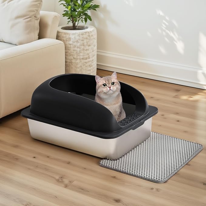 OLIXIS Stainless Steel Large Cat Litter Box with Lid, High Wall Sides | Large Cat Litter Box for Big Cats, Anti-Urine Leakage, Easy Cleaning, Scoop and Mat Included, Black - Image 7