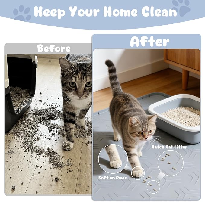 Cat Litter Box Mat, 40"*28" Large Silicone Cat Litter Trapping Mat | Non-Slip Gray Kitty Litter Mat for Indoor Cats, Waterproof Pet Food Mats Easy to Clean & Soft on Kitty Paws - Image 7