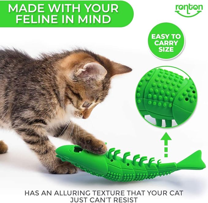 Ronton Cat Toothbrush Catnip Toy - Durable Hard Rubber - Dental Care, Cat Interactive Toothbrush Chew Toy (1 Pack Green (Shrimp) - Image 2