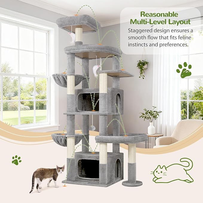 Globlazer 75in Sturdy Cat Tree Tower for Indoor Large Cat, S75, Light Grey | Multi-Level Heavy Duty Cat Tower with Scratching Post, Oversized Condos & Perches for Big Cats, Large Baskets, Enlarged Base - Image 5