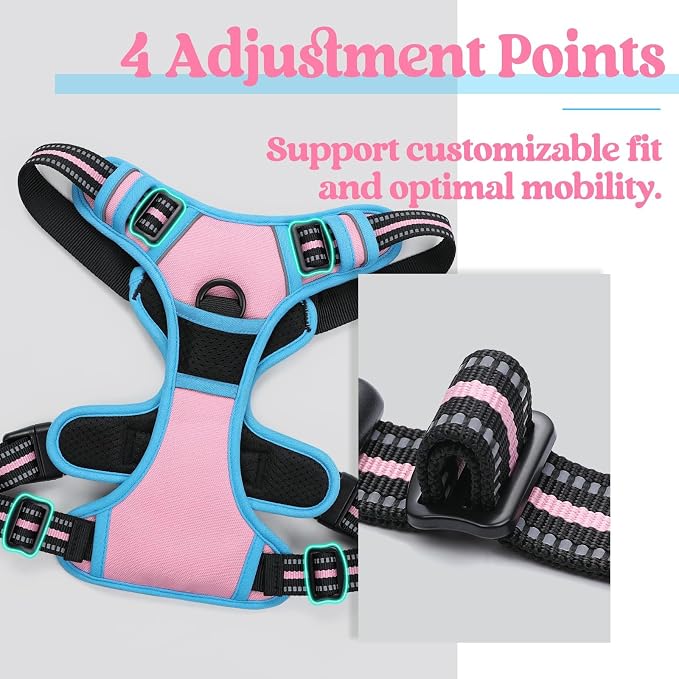 rabbitgoo Dog Harness, No Pull Medium Sized with 2 Leash Clips, Pet Vest | No Choke with Handle, Adjustable Soft Padded, Reflective, Easy Control for Walking, Pink & Blue, Medium - Image 3