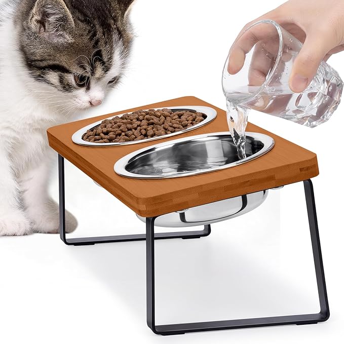 Elevated Cat Food Bowl for Indoor Cat, Brown Raised Water Bowl Set for Pet | Whisker Friendly, Anti Vomit, Feeding Station for Puppy, Stainless Steel, Pet Dish, Easy Assembly, Bamboo, Dishwashers Safe by Loplurea