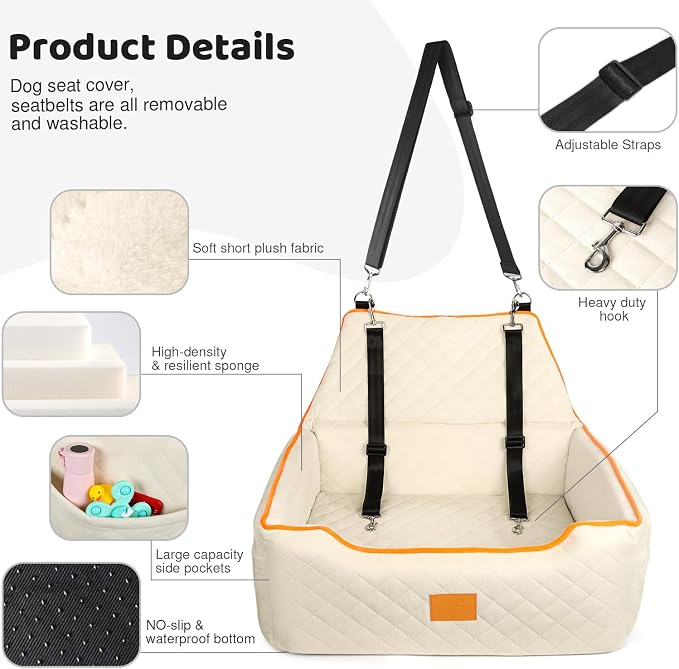 XIEEAOZEE Dog Car Seat for Large/Medium Pet Under 55Lbs or 2 Small Dogs | Detachable and Washable Booster Dog Seat Travel Pet Seat with Thick Cushion & Storage Pockets (Beige) - Image 4