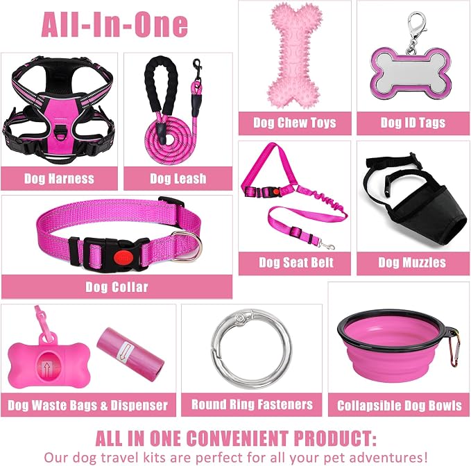 No Pull Dog Harness Adjustable Collar & Leash Set - Dog Halter Harnesses Collapsible Bowls & Poop Bag Dispenser Muzzle ID Tags Toys Fits Small Medium Large Dogs (Pink-XL) - Image 2