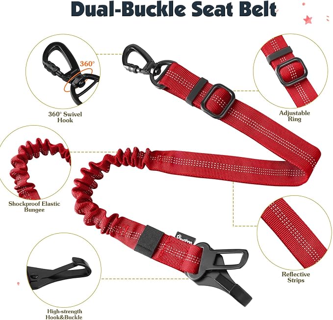 Pawaboo Dog Seat Belt Harness for Car, Seatbelt Harness with 2 in 1 Buckle | Adjustable Breathable Harness for Car, Elastic Reflective Heavy Duty Dog Tether, for Small Medium Large Pets, S, Red - Image 3