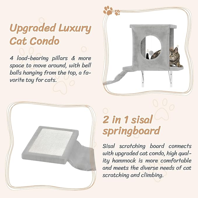 7-in-1 Cat Wall Shelves, Wall Mounted Climber Set | Cat Furniture with House, Tunnel, Bridge, Steps, Scratcher, Hammock, Shelves for Indoor, Gray - Image 5