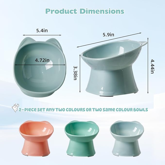 KSIA Klear Elevated Cat Bowls 2 Pack, Tilted Raised Cat Bowls for Indoor Cats, for Food and Water, 4.72" Wide, Whisker Friendly Anti Vomit for Indoor Cats, Microwave and Dishwasher Safe, Blue&Green - Image 3