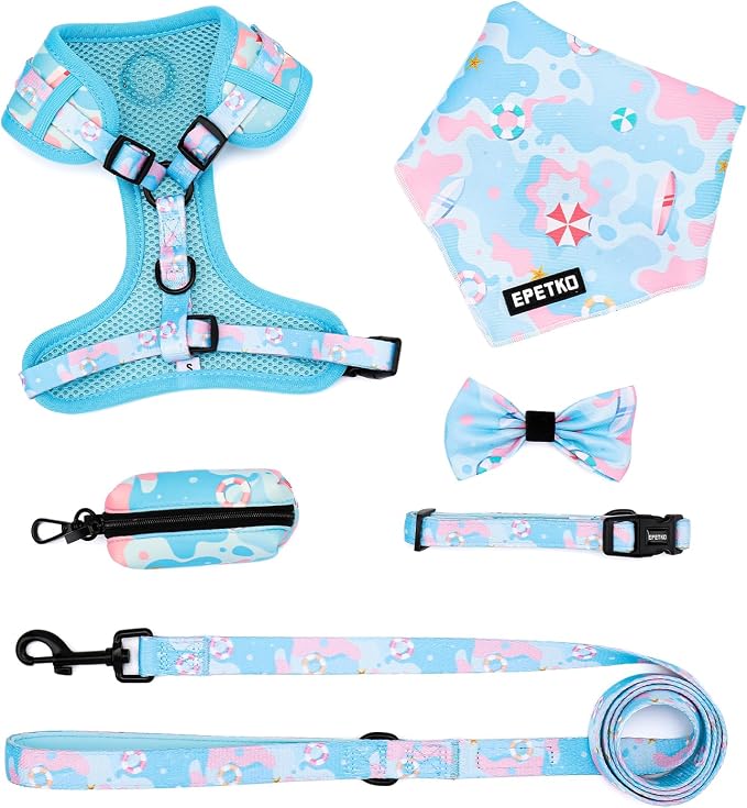 Small Dog Harness and Leash Set of 6, No Pull Soft Lightweight Mesh Puppy Harness， Adjustable Cute Floral Pattern Pet Harness for Small Medium Dogs (Blue Sea, L) - Image 2