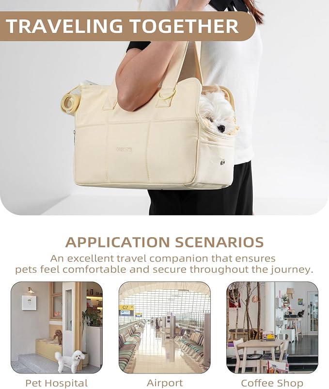 ONECUTE Dog Purse Carrier for Small Dogs Rabbit cat with Large Pockets, Cotton Bag, Dog Carrier Soft Sided, Collapsible Travel Puppy Carrier (Beige, 13.6" L x 6.5" W x 10" H) - Image 6