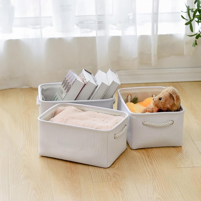 TheWarmHome Decorative Basket for Organizing - Medium-1Pack 13.8L*9.8W*6.7H Rectangular Fabric Storage Bin Organizer Basket with Handles for Clothes (White) - Image 4
