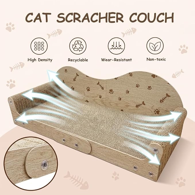 Cat Scratcher Bed,26 Inch Sofa-Shaped Cat Scratcher Couch, Large Luxury Durable Cardboard Sofa Scratcher Pad Furniture Protector for Indoor Cats Scrach,Rest and Play,Beige - Image 3