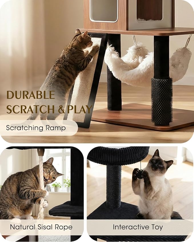 61" Wood Cat Tree Tower, Modern Cat Furniture for Indoor Cats | Engineered Wood & Plush | 61"Modern Cat Tower | 20 lbs Per Platform | Anti-Tip Base | Sisal Posts | Washable Cushions - Image 4