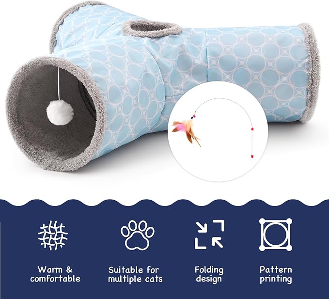 Tempcore Cat Tunnel for Indoor Cats, 3 Way Collapsible Pet Play Tunnel with Teaser Wand, Peek Holes & Hanging Ball, Interactive Tube for Kittens & Rabbits, Geometry Blue - Image 7