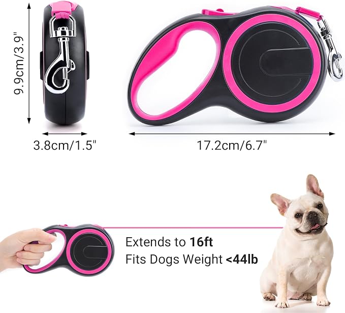 Segarty Pink Retractable Dog Leash, 16ft Heavy Duty Walking Dog Leash for Medium Small Dogs up to 44lb, Anti-Slip Handle 360°Tangle-Free Nylon Tape, One-Handed One Button Lock and Release - Image 2